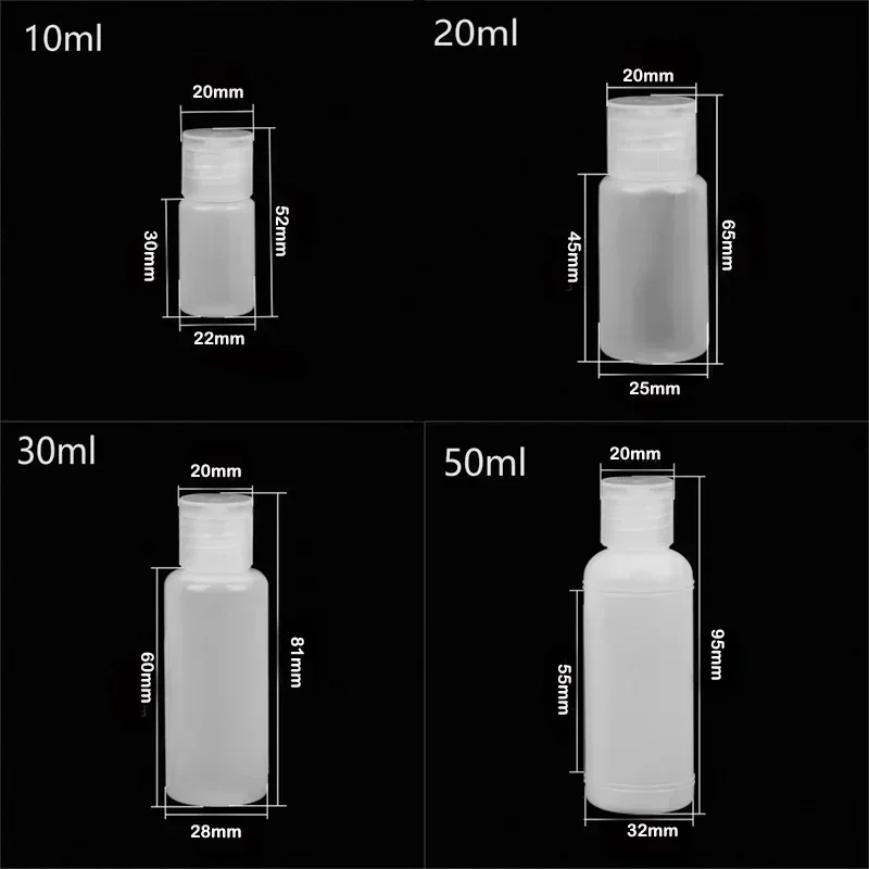 フリップキャップ付きの白いプラスチック製絞りボトル,空の液体容器,ポータブルトラベル,シャンプーコンディショナー,ソフトバイアル,10ml-50ml, 30個