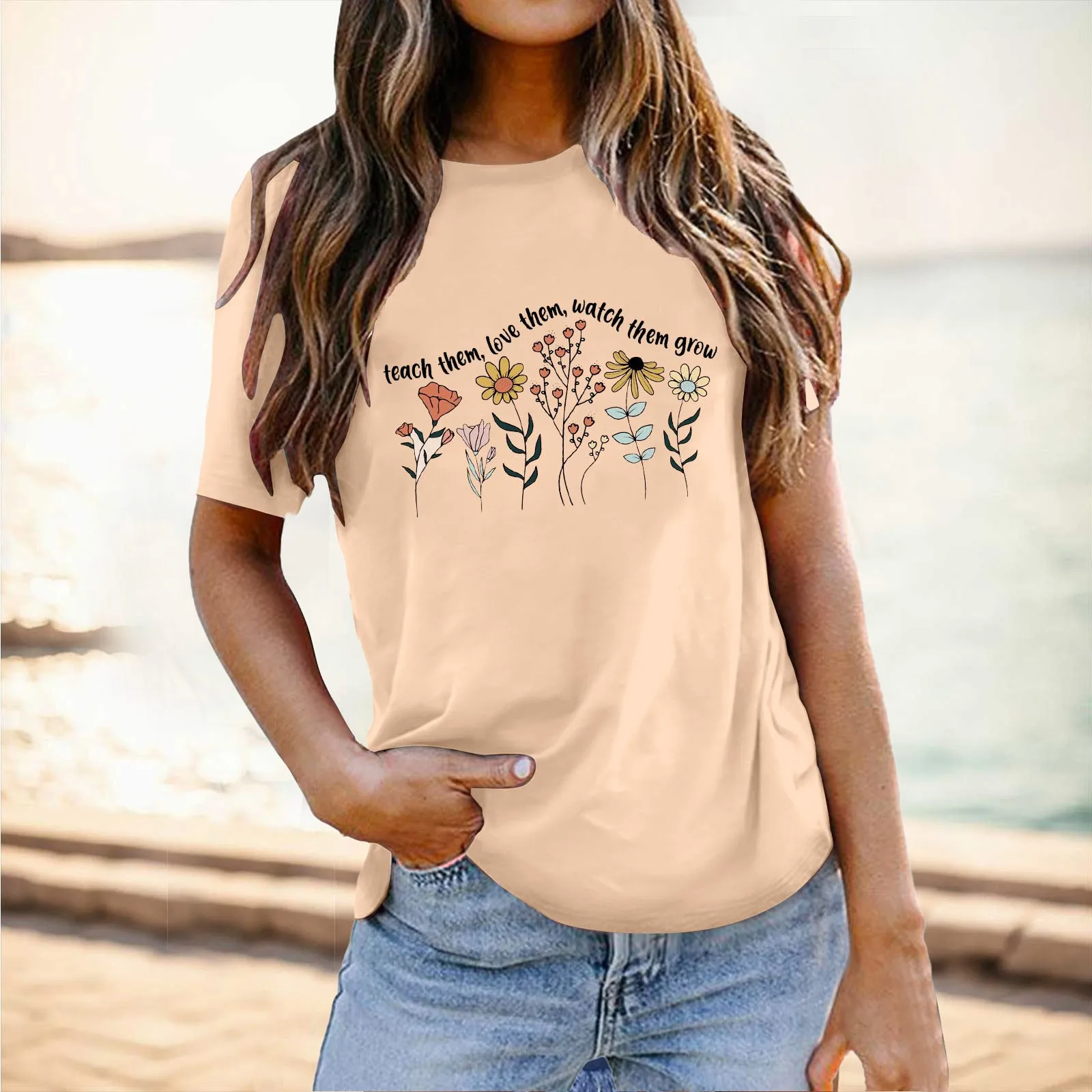 

2024 New Women's T Shirts School Season Teacher's Day Casual Versatile Letter Printed Short Sleeve T Shirt For Women