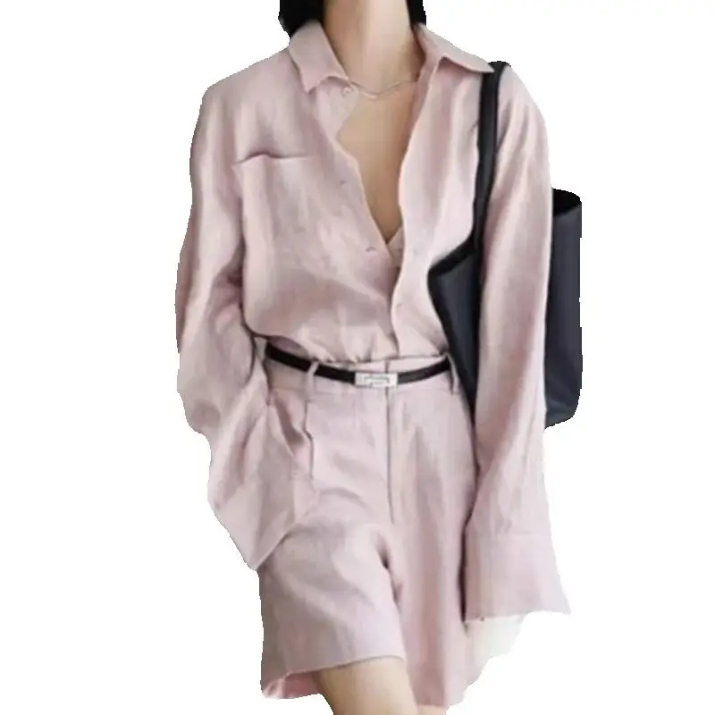 

Linen Pink Summer Outfits Women Shorts Suit Single Breasted Shirts Wide Legs Shorts Breathable Casual 2 Piece Set