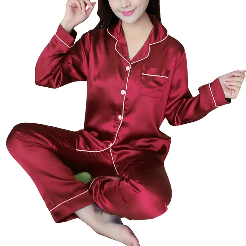 Fashion Women's Pajamas Sleepwear Long Sleeve Pijamas Sexy Nightwear 2 Pieces Home Suit Silk Satin Pyjamas Sets Plus Size 5XL