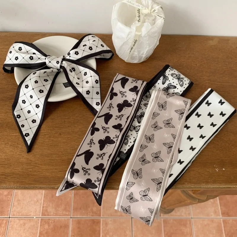 

Black White Butterfly Floral Scarf Long Printed Ribbon Hair Band Hair Scarf for Women Girls Can Tie Bow Braided Hair Accessories