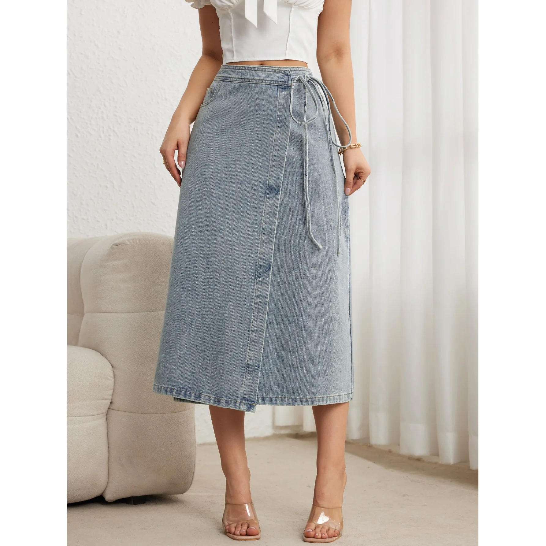 Women Light Blue Wrap Denim Mi - огляд і ціна Denim Skirt Midi Vintage