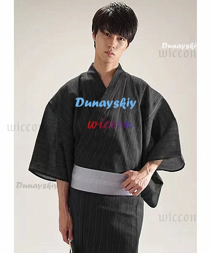 

Traditional Japanese Kimono Yukata Costume Summer Men Long Robes With Belt Pajamas Sleepwear Bathrobe Set