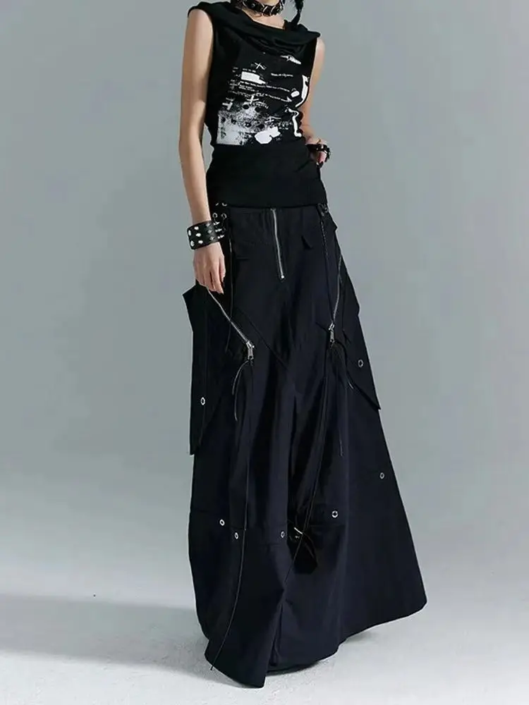 2025 New Gothic Y2K Cargo Denim Long Skirt Women Harajuku Vintage Black Bandage Jeans Skirts Aesthetic High Waist A Line Skirts