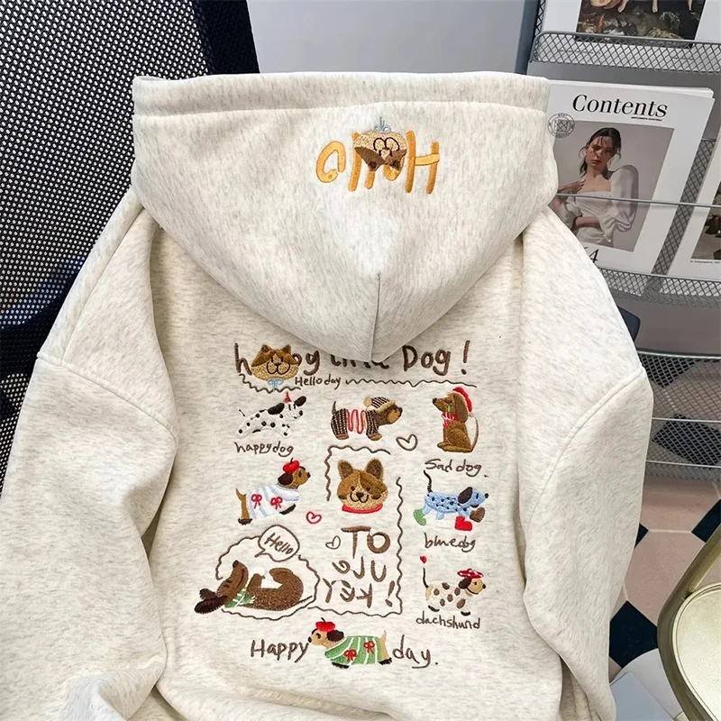 Women Cute Embroidered Hoodie Cartoon Dog Graphic Sweatshirt Front Back Print Long Sleeve Fleece Lined Pullover Casual Top