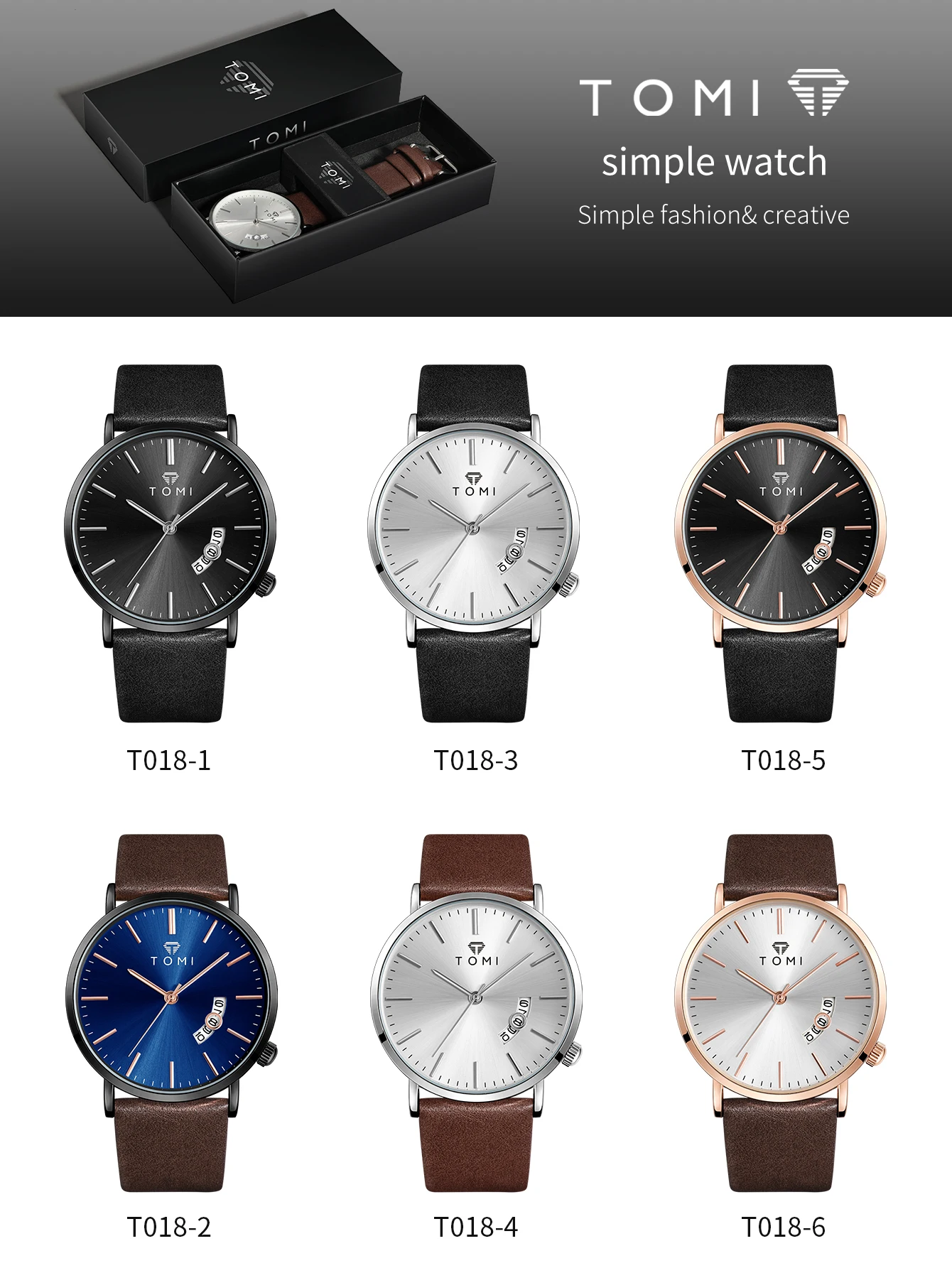 TOMIMen's watch simple trend quartz business wristwatch leather strap calendar male watch