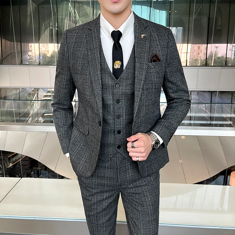 (Jacket + Vest + Pants) Boutique Fashion Mens Plaid Casual Business Suit High end Social Formal Suit 3 Pcs Set, Asian Size M-5XL