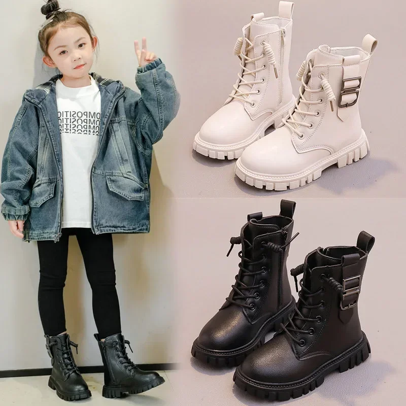 Girls Boots Buckle Black Beige Britain Style Children Fashion Casual Short Boots Non-slip UK Uniform School Shoes for Boy Simple