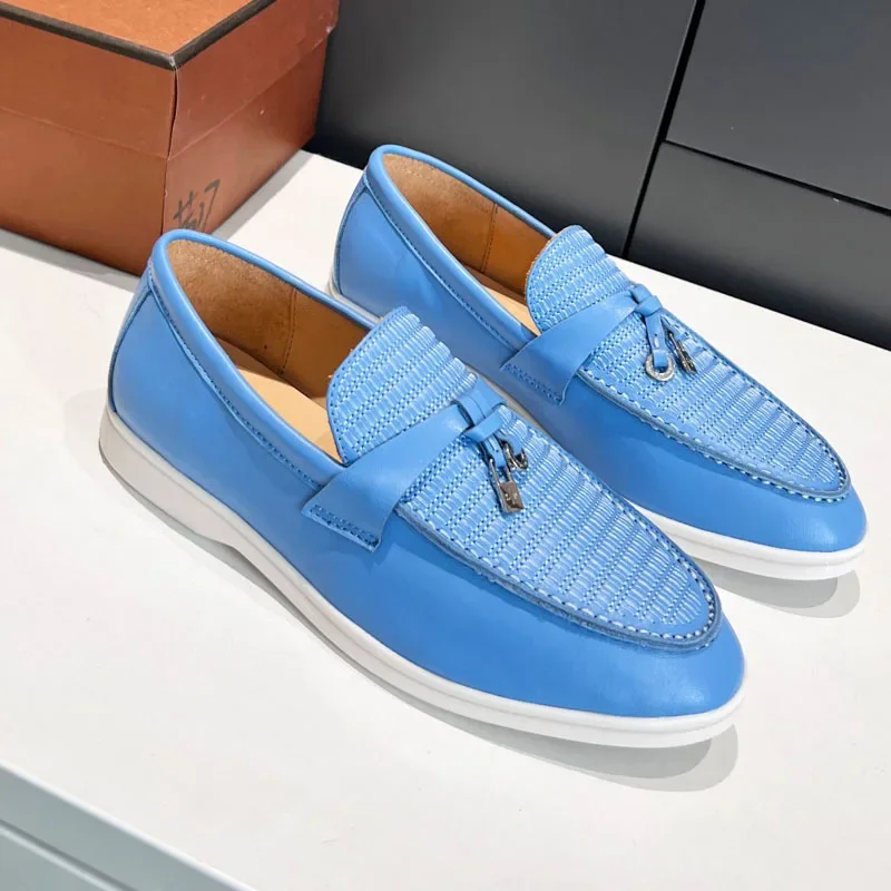 

Summer New Style Sky Blue Color England Style Loafers Women's Round Toe Metal Ornament Shallow Mouth Flat Bottom Shoes