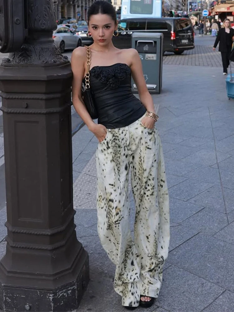 

Woman's Print Baggy Denim Pants Wide Leg Straight Summer Lady Daily Wear Trousers Chic Fashion High Street Elegant Casual Pants