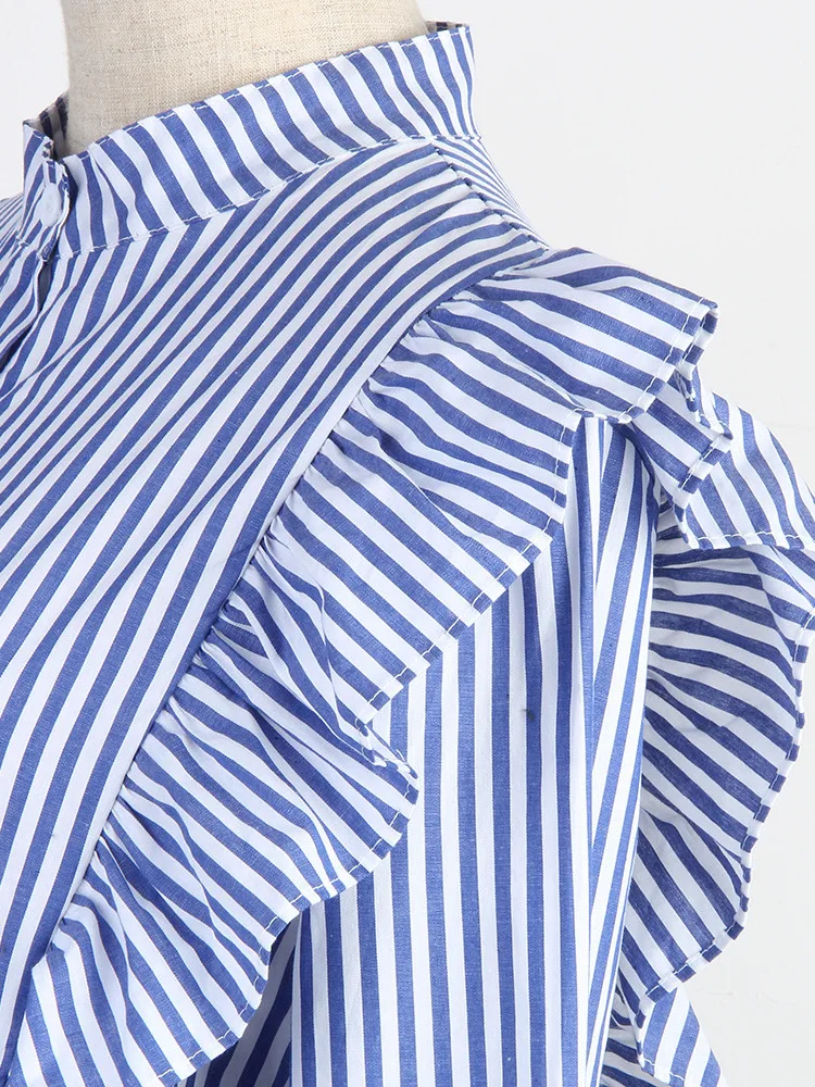 Wyszczuplająca bluzka w paski z długim rękawem, falbanką u dołu, stójką, prostym krojem, nadrukiem, łączona, w stylu europejskim i amerykańskim.