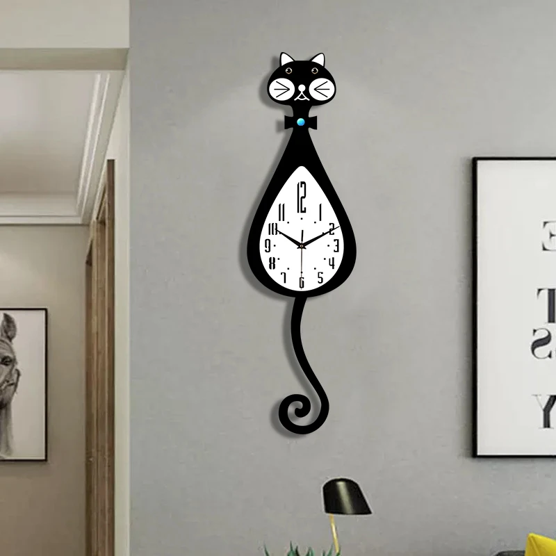 Cartoon Cat Wall Clock with Tail Swing Silent Room Bedroom Living Room Kitchen Decor Interesting Design