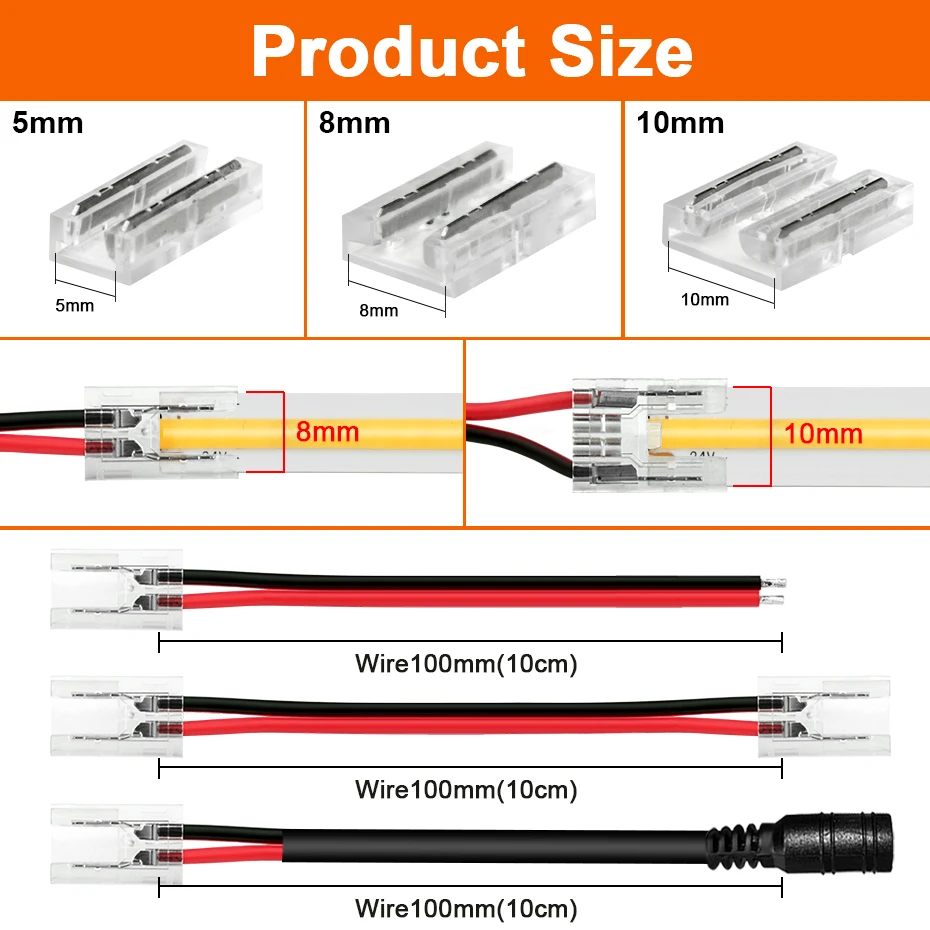 5pcs/lot 2Pin 3Pin 4Pin COB LED Strip Connector Extension Wire Terminal Connectors 5mm 8mm 10mm for 5V 12V 24V COB Strip Lights