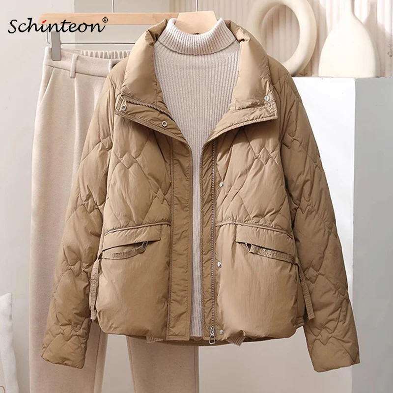 

Schinteon Women Light Down Jacket Casual Autumn Winter Outwear Stand Collar Warm White Duck Down Coat 2024 New Fashion