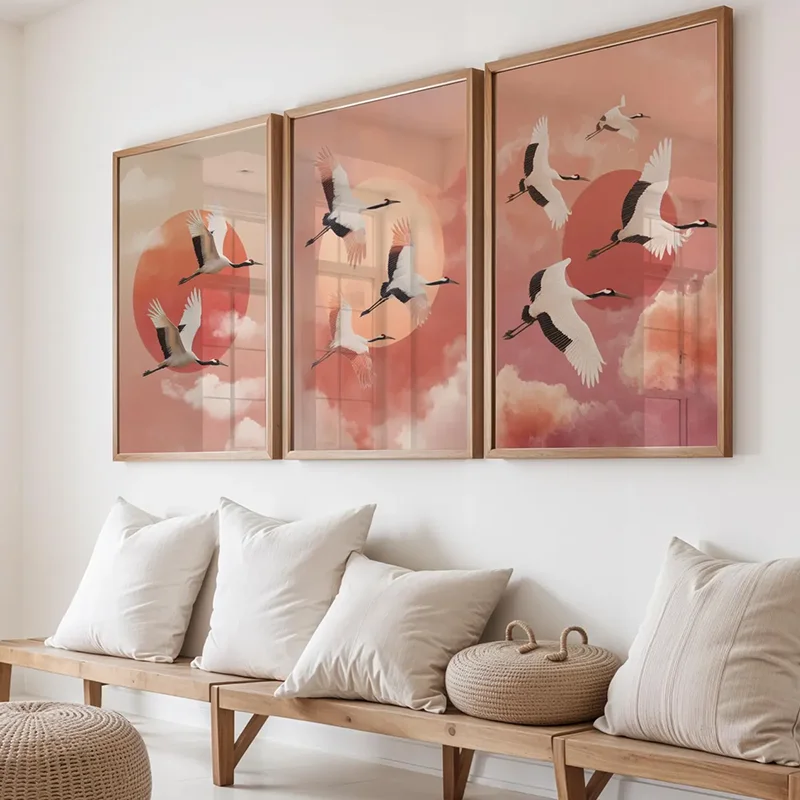 Juego de 3 Cuadros Decorativos de Estilo Japonés con Atardecer, Póster de Cielo Rosado, Arte de Grullas Impreso en Lienzo para Decoración de Habitaciones