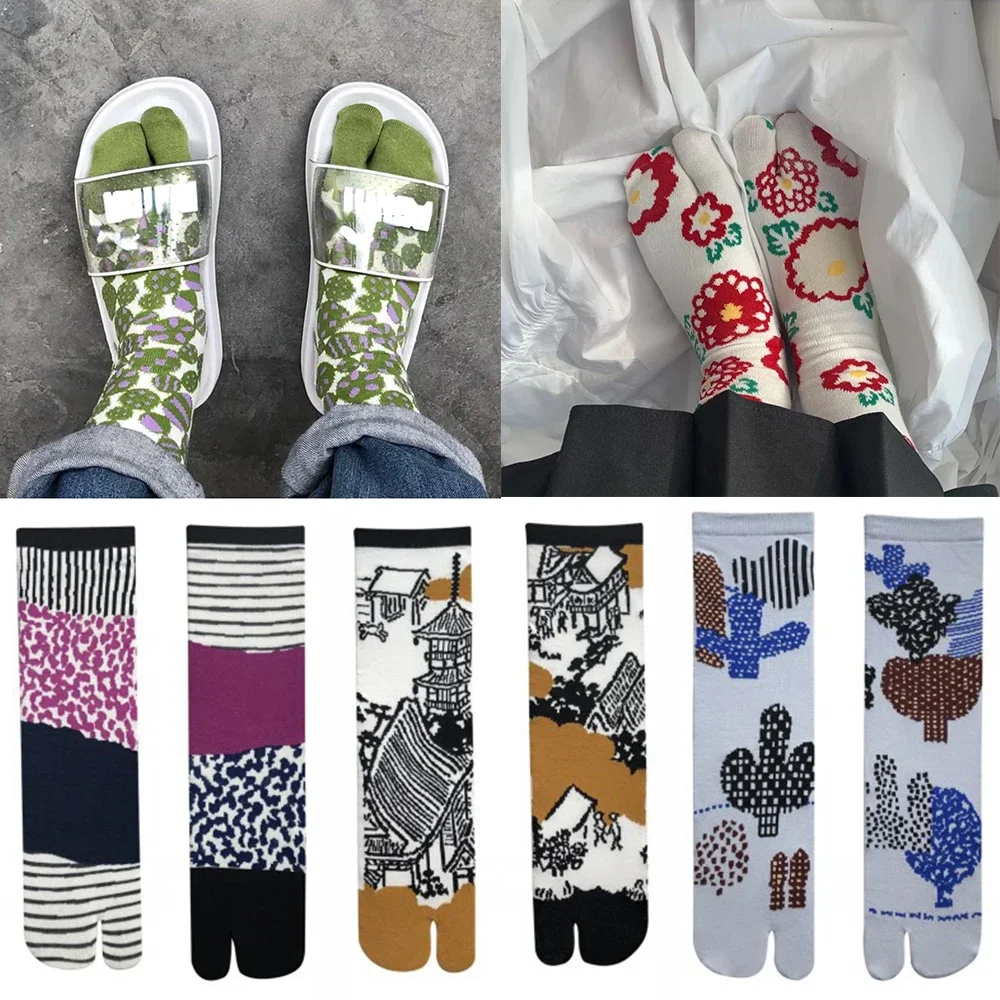 Women Cartoon Combed Cotton Two Toe Socks Japanese Multicolor Jacquard Split Toe Socks Flowers Art Cute Middle Tube Tabi Sock