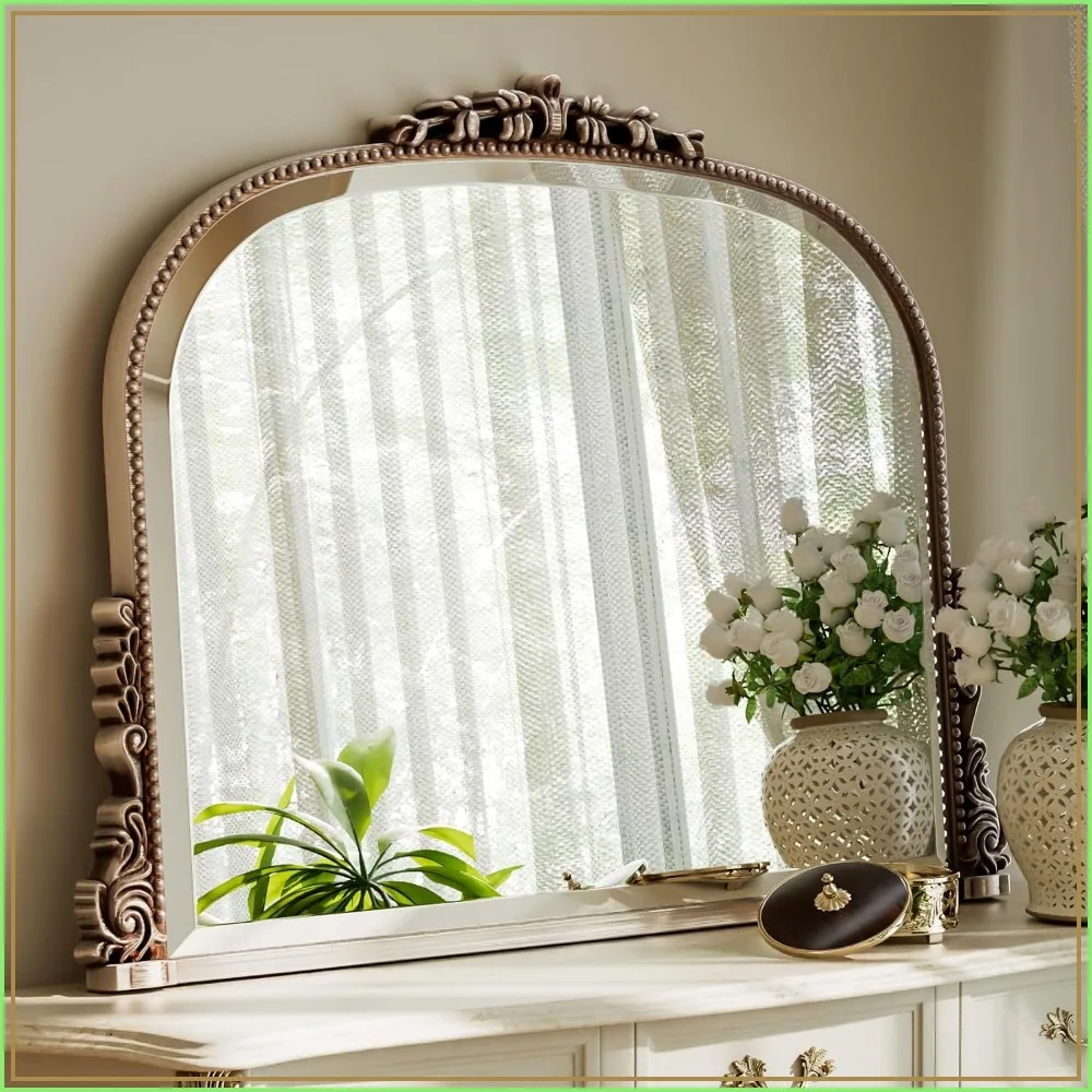 Wall Beaded Mirror 44x32 Inch Round Top Right Angle Tempered Glass Rust Resistant Silver