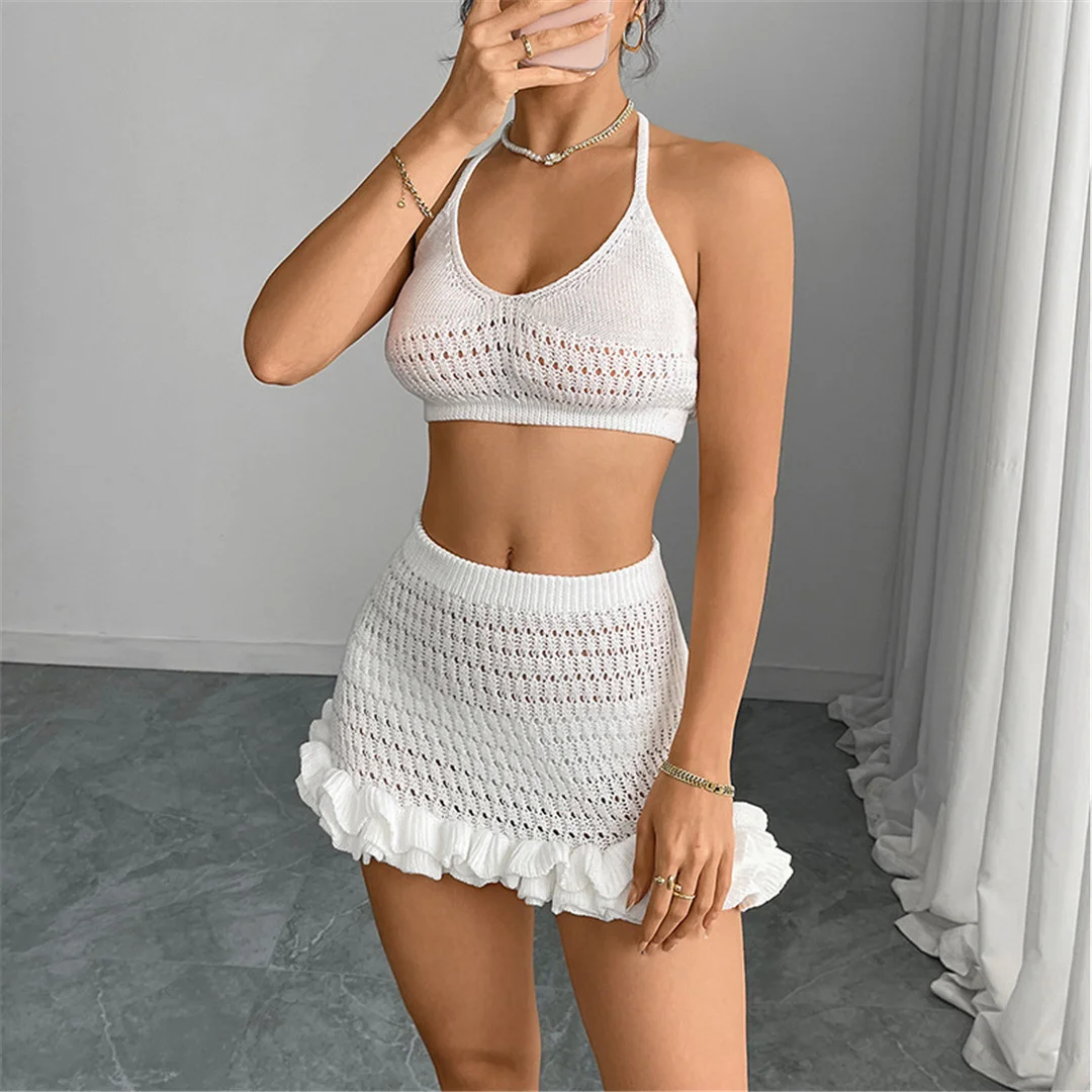 Neues, gerüschtes, halterloses, ausgeschnittenes, gehäkeltes, gestricktes 2-teiliges Set, Sommerkleid, Strandkleidung, Cover-up, zweiteiliges Set für Damen, V7169 – Detail 5
