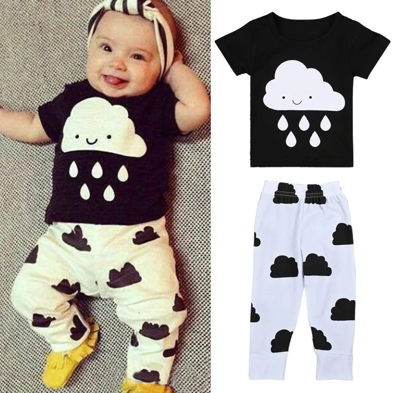 

0-24M Baby Boy Clothes Cartoon Print Black Tops+Pant 2Pcs/Set Toddler Girl Outfit Children Tracksuit Infant Playsuit Kid A666