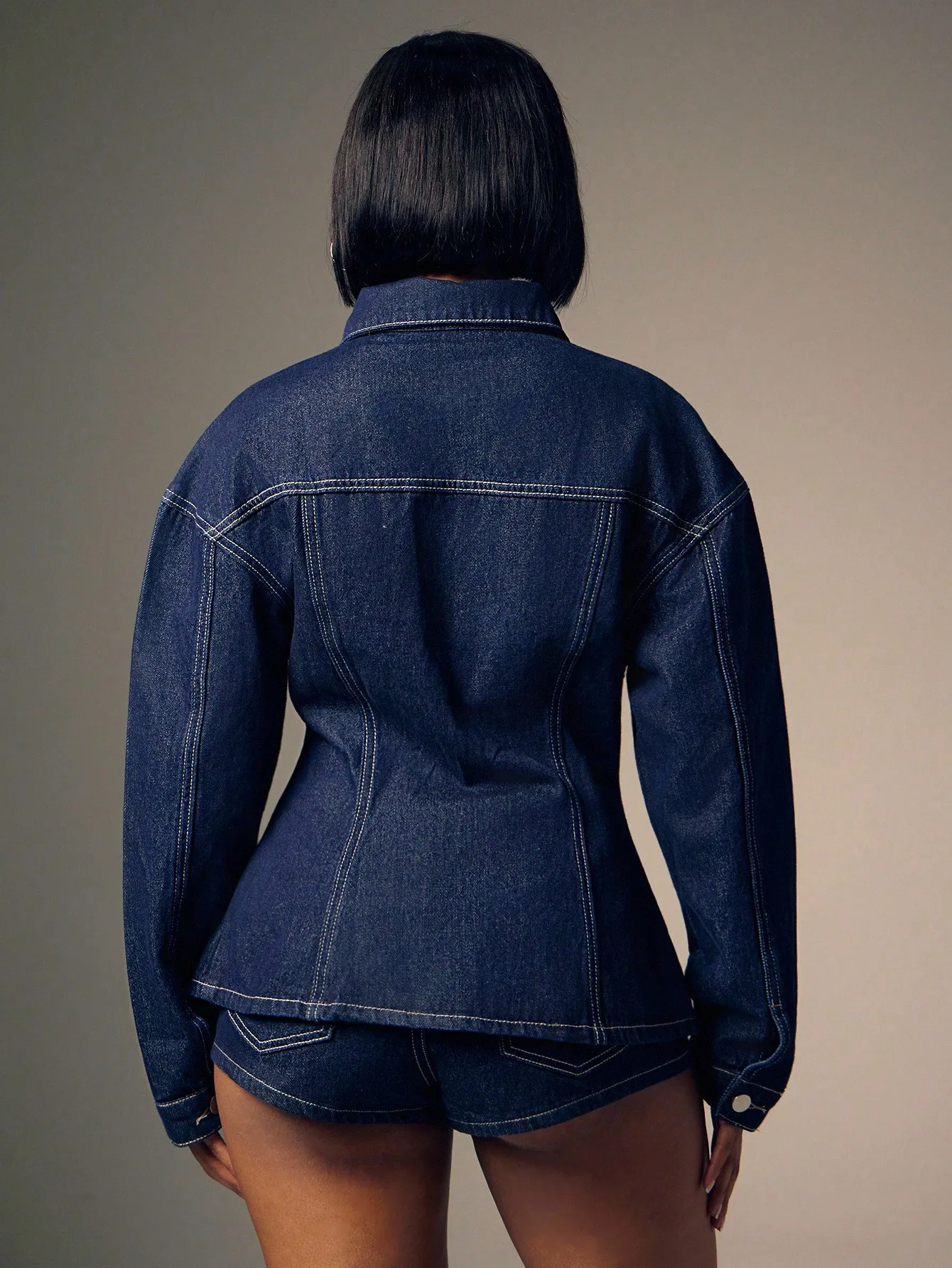 Denimoi Langarm-Jeansoberteil mit geraffter Taille und Knopfleiste