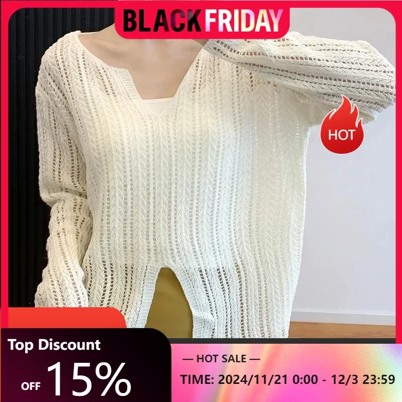 Korean Version Thin Hollow Long Sleeve Knitted Cardigan Women Spring Summer Design Niche Short Tops Loose Sexy  Irregularly