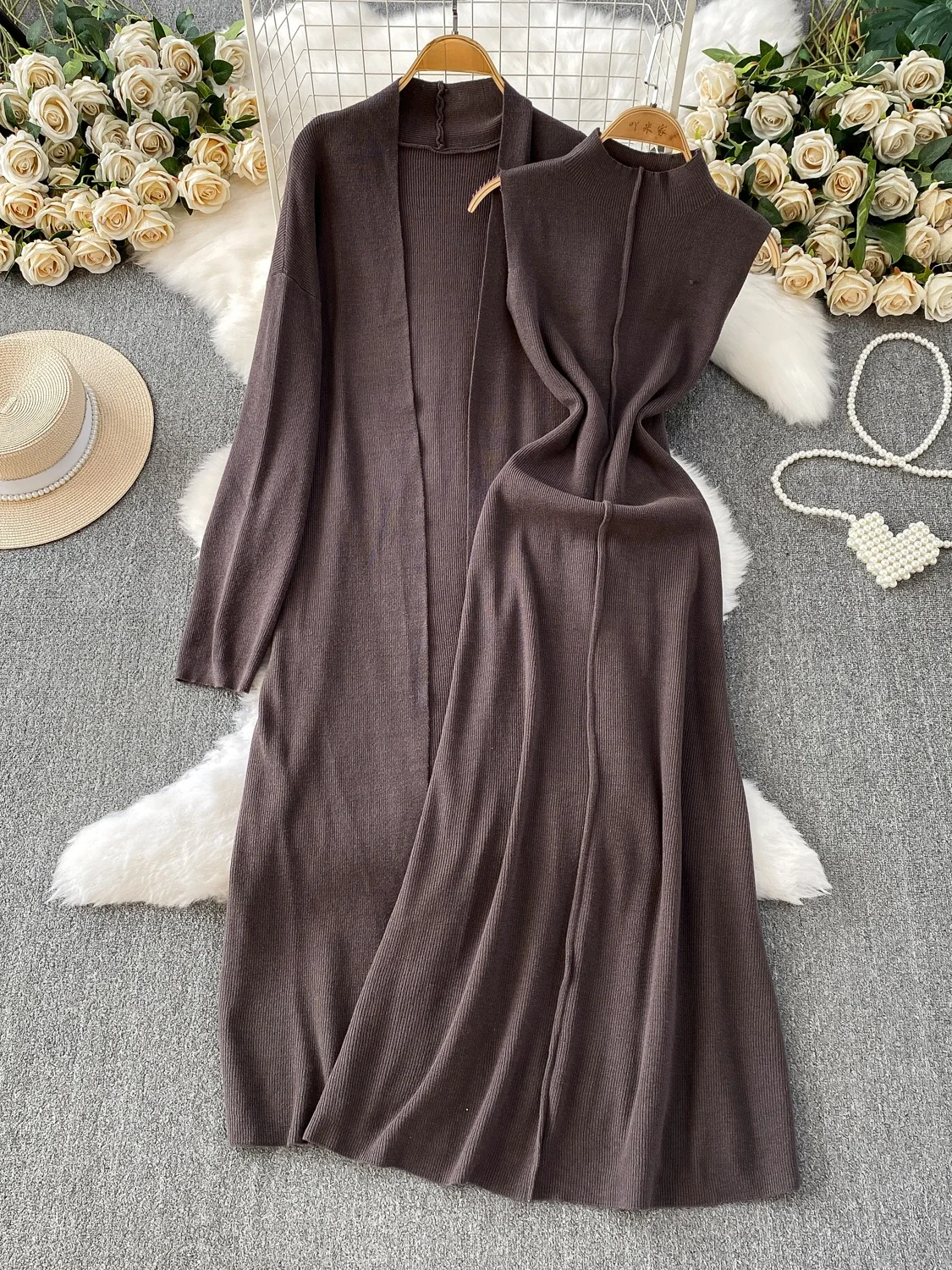 

Высококачественный вязаный комплект верхней одежды на осень-зиму Lazy Sle, пальто средней длины, жилет Dr, комплект с эффектом похудения с высокой талией