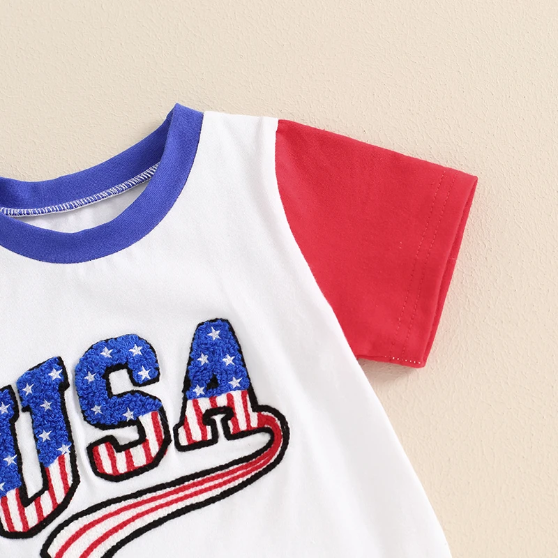 Toddler Boy 4th of July Outfit Letter Embroidery Short Sleeve T-Shirt with Stripe Shorts for Independence Day