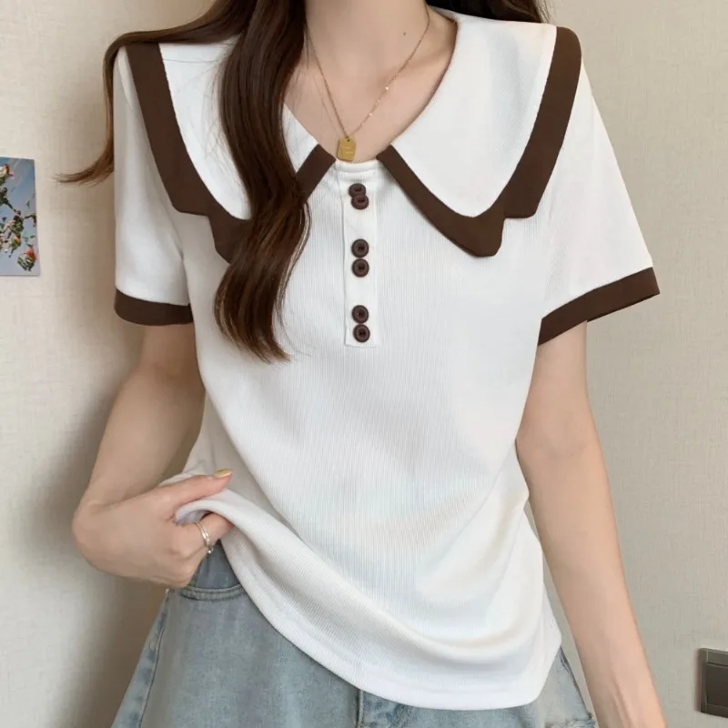 Turn-down Collar T-shirts for Women Panelled Design Young Girls Summer Tops Simple Design Korean Style Ins College Short Sleeve