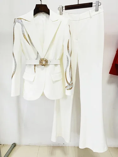 Imagen 1 del producto HIGH STREET, nueva moda 2021, conjunto de traje de pasarela de diseñador, chaqueta con cinturón de diamantes coloridos para mujer, traje con pantalones acampanados, 2 uds.