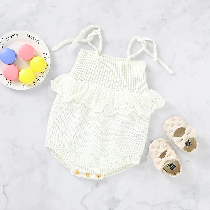 Newborn Baby Bodysuit Knit Infant Girl Boy Jumpsuit Fashion Solid Ruffles Toddler Kid Sling Clothes Sleeveless 0-18M Top Romper