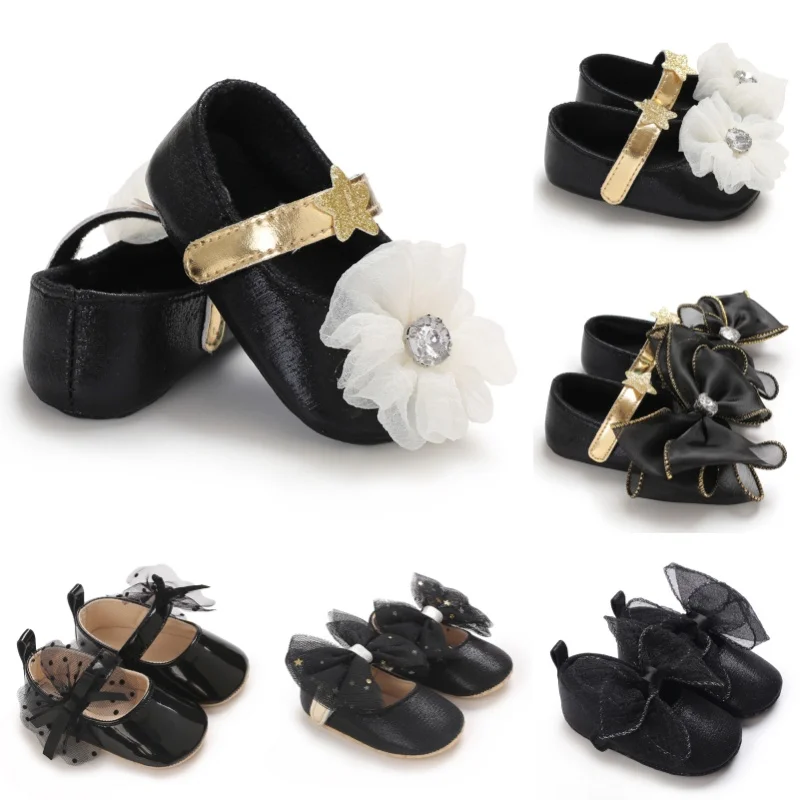 

Черные туфли для девочек 0-18 месяцев, милые туфли на плоской подошве с бантом, мягкие сандалии для новорожденных принцесс, формальные детские туфли
