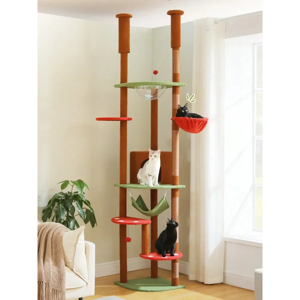 

92.9101.6 Floor To Ceiling Cat Tree Height Adjustable Cat Tower Tall Kitty Climbing Play House With ching Posts, Cozy Cond