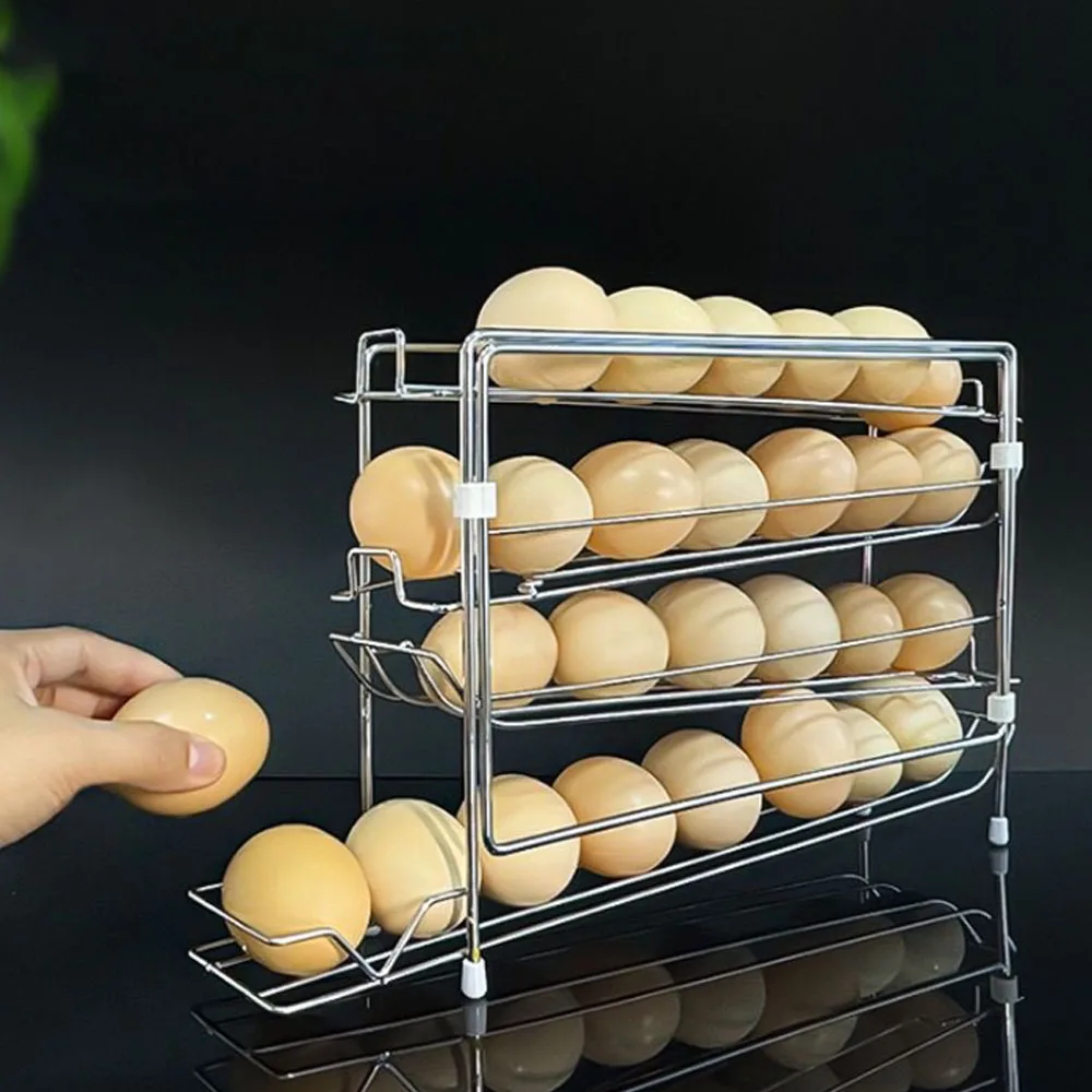 30 Grids Refrigerator Metal Egg Storage Box Plastic Space Saving Automatic Scrolling Egg Holder Large Capacity Dedicated