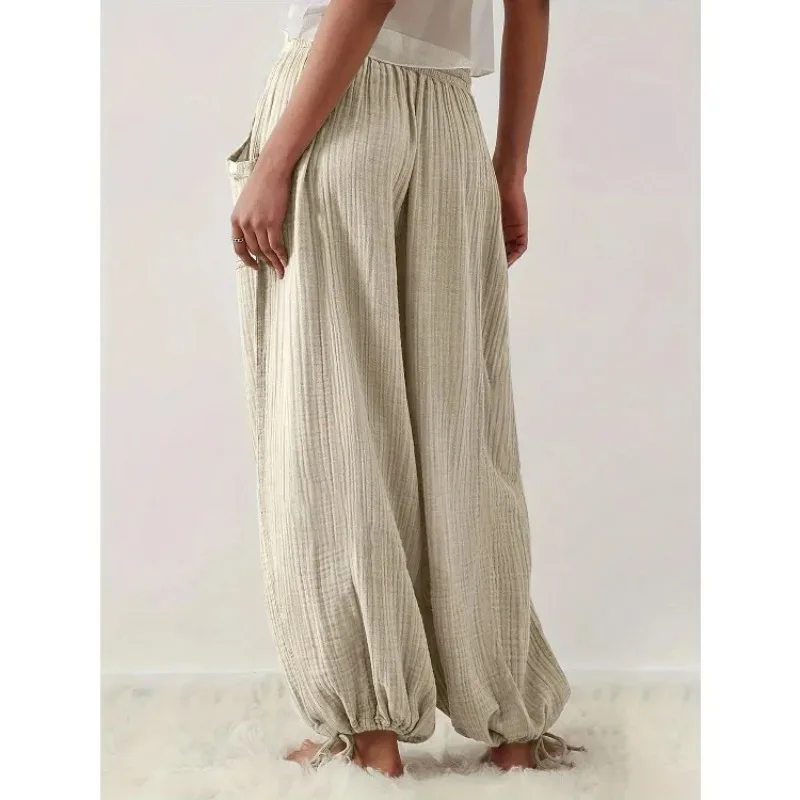 Plus Size Women's Casual  High Elastic Waist Harem Pants Solid Color Bandage Wide Leg Pants with Pockets Soft Slacks Trousers