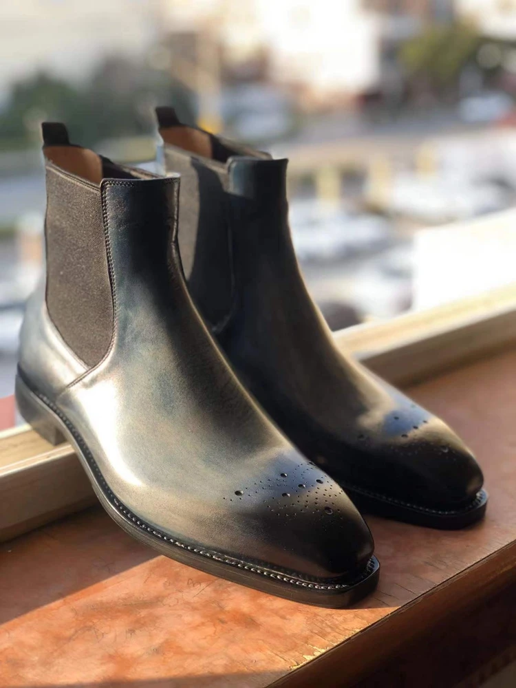 cie Hand-Painted Full Grain Calf Leather Chelsea Boot Patina Blue Handmade Leather Out-sole Ankle Boots  MA08