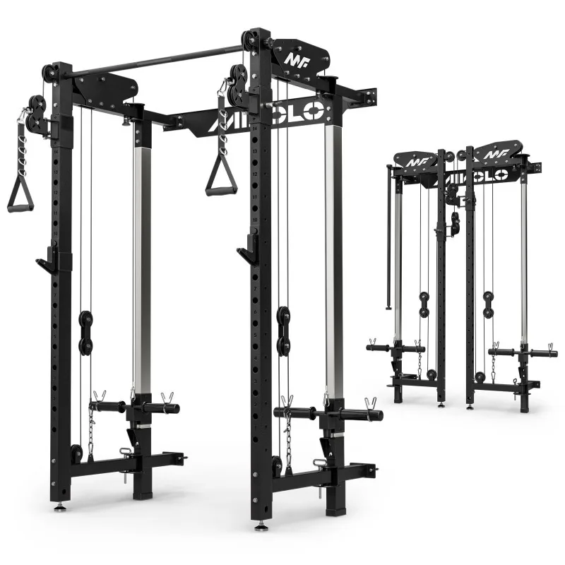 Folding Squat Rack, Wall Mounted Power Rack with Cable Crossover Machine & LAT Pull Down, Functional Trainer with 5