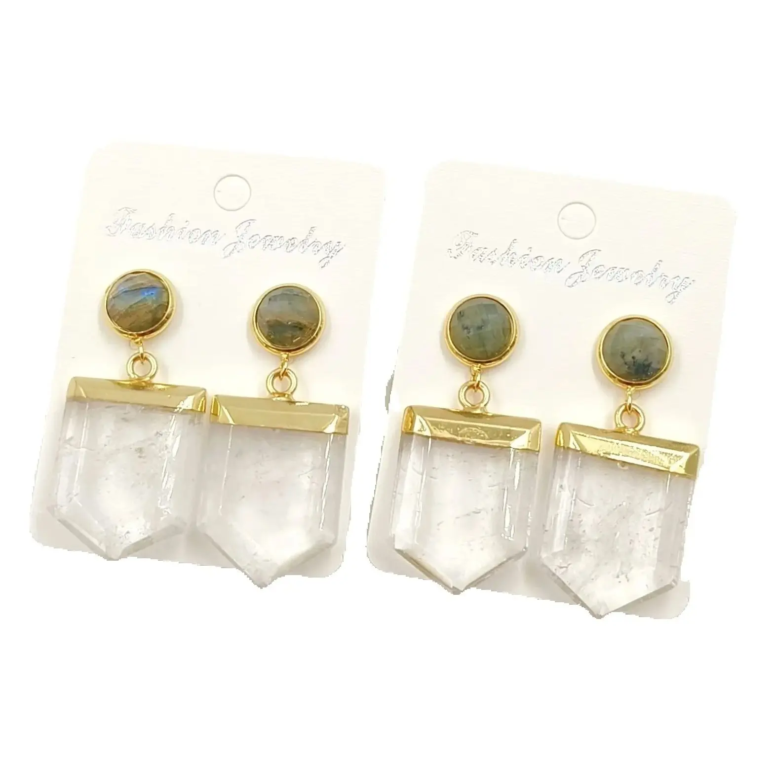 WT-E267 Amazing Fashion Round Faceted Labradorite Studs With Spike Shape Natural Crystal Quartz Dangle Earrings