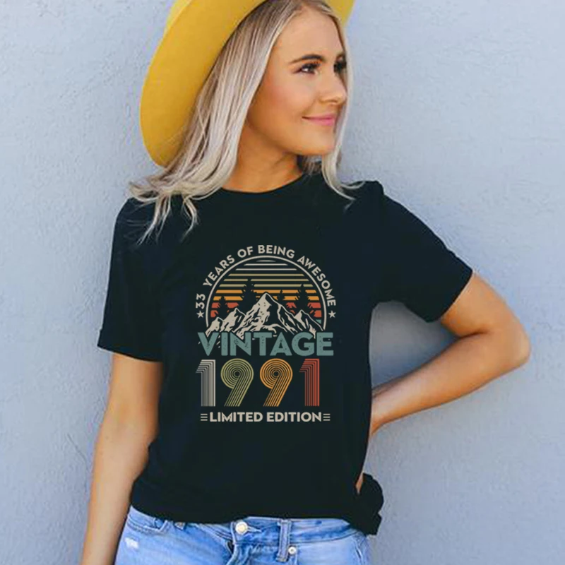 

33 Years of Being Awesome Vintage 1991 Limited Edition Women T Shirts 33rd Years Old Birthday Clothes Personalized Gift Tshirt