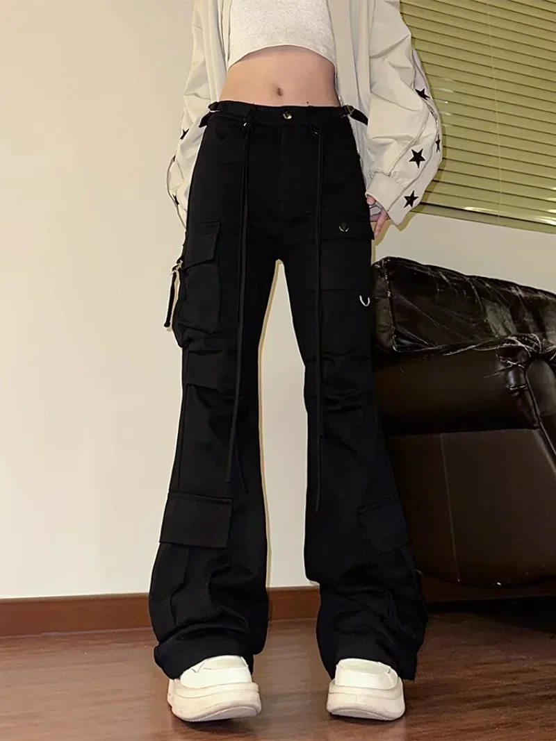 Women Black Gothic Flare Jeans Harajuku Vintage Emo 2000s Y2k Baggy Denim Trousers Oversize Wide Cowboy Pants 90s Trashy Clothes