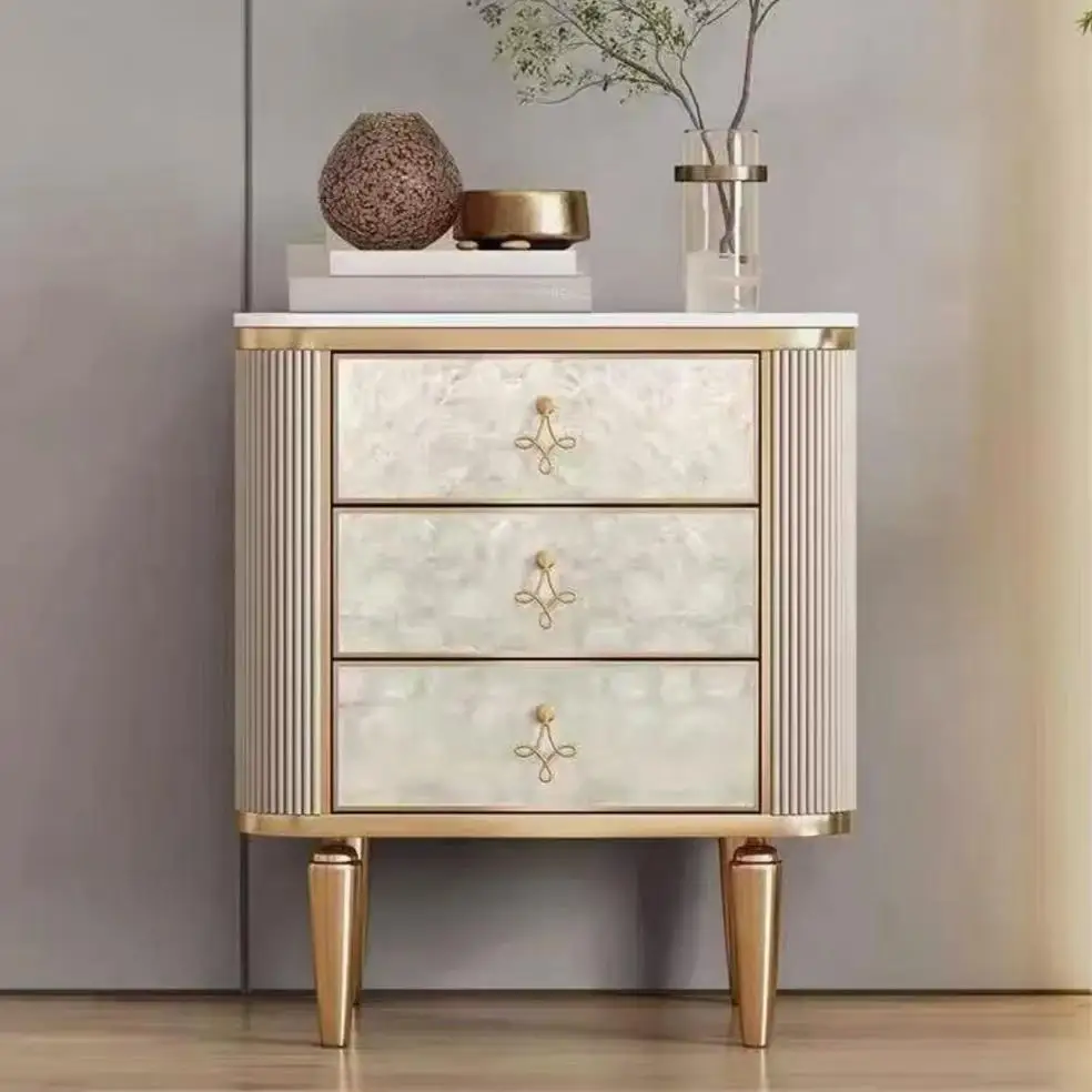 ^Modern 3 Drawer Shell Nightstand Luxury Champagne Gold Small Size Bedroom Furniture, Italian Nightstand