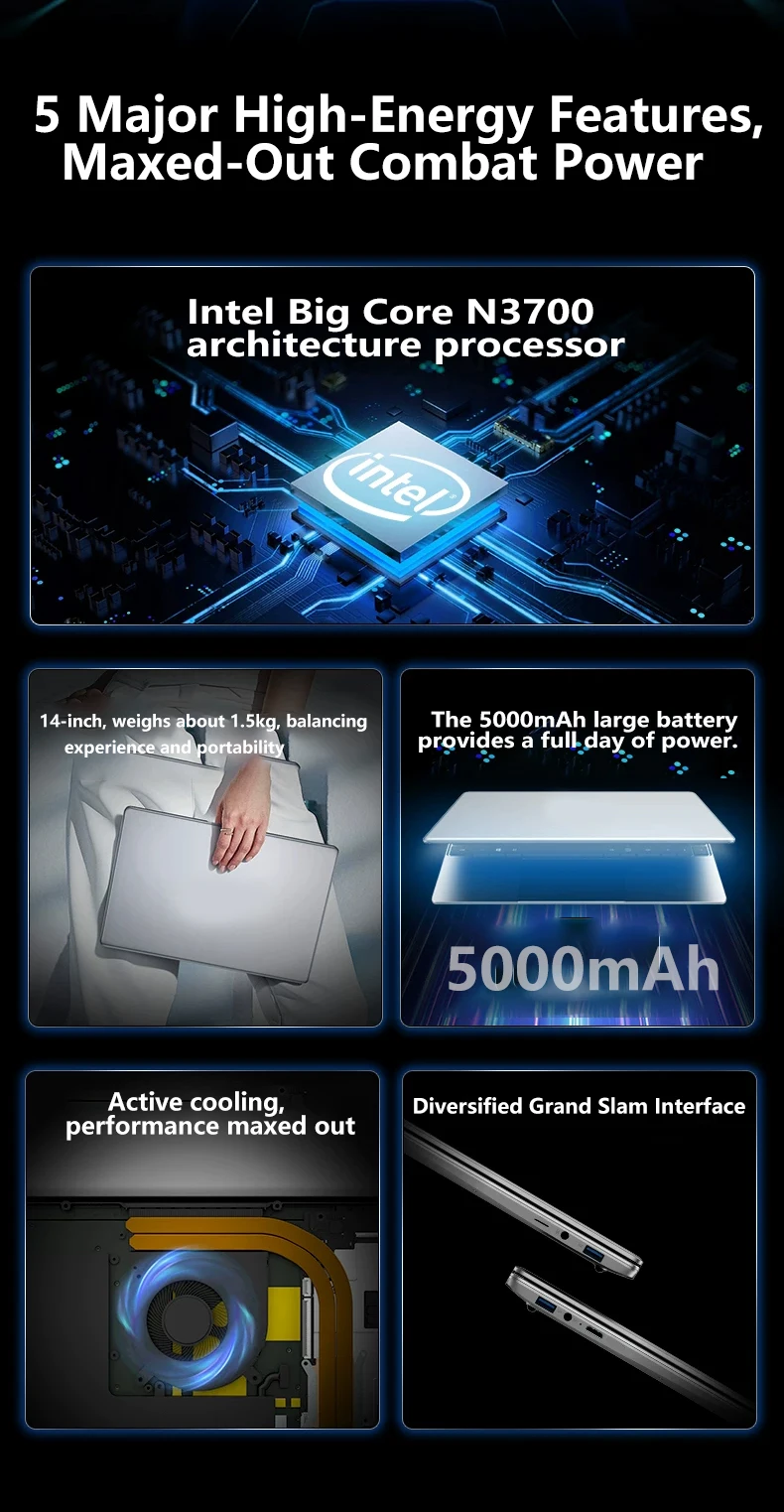 LENO Laptop 14.1" Windows 11 16GB RAM 2TB SSD Intel N3700 Ultra Slim Notebook Gamer 1080P Display Office Study Computer PC