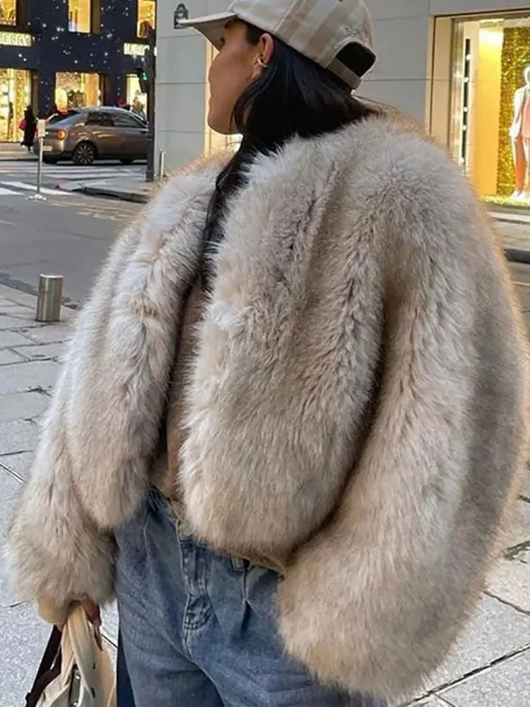 DEAT Fashion Imitation Fox Fur Grass Coat Women's V-neck Loose Long Sleeve Thick Warm Faux Fur Jacket Winter 2024 New 7AB6346