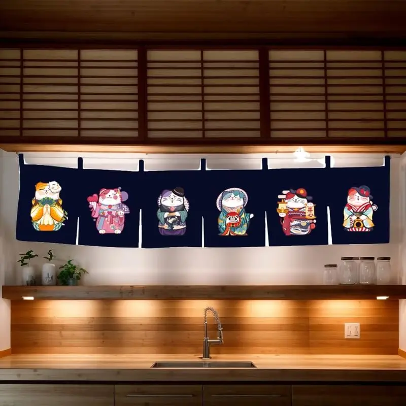 VIKAMA Six Lucky Cats Noren Curtain Hanging for Sushi Ramen Bar Shop Doorway Traditional Cozy Aesthetic Home Decor