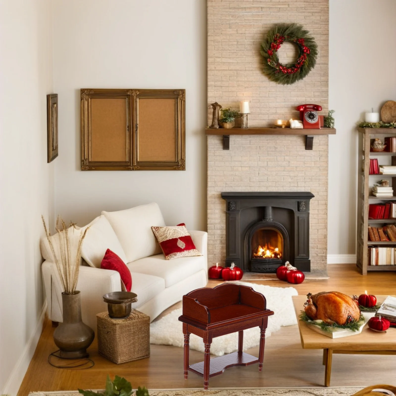 

Wooden Dollhouse Desk Vintage Walnut Miniature Study Table Portable Girls Furniture Study Room Photo Props Miniature Table