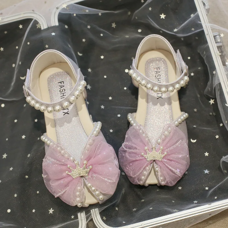 Zapatos De princesa con boca De pez para Niña, sandalias con lazo y perlas, 2023