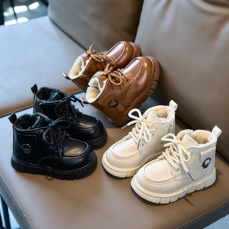 

Winter Children PU Leather Plush Boots 2025 New Warm Boy's Girl's Anti-slippery Snow Boots Kid's Vintage Toddler Cotton Shoes