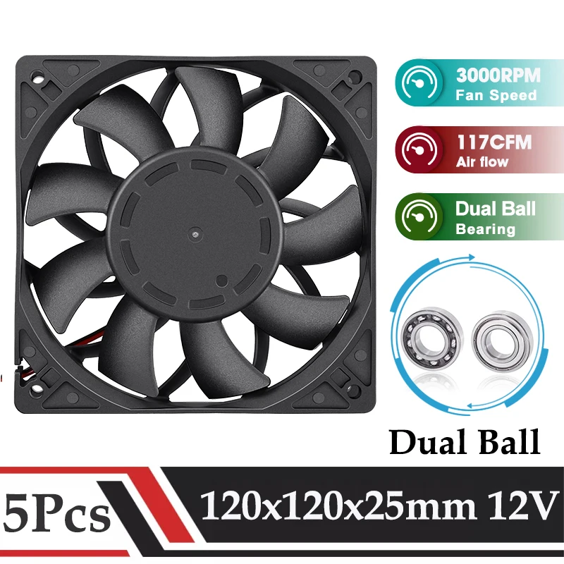 

5Pcs GDSTIME 120MM DC Brushless Cooler 120x25MM 12V Ball High Speed Booster Fan For PC CPU Btc Machine Chassis Cabinet Cooling