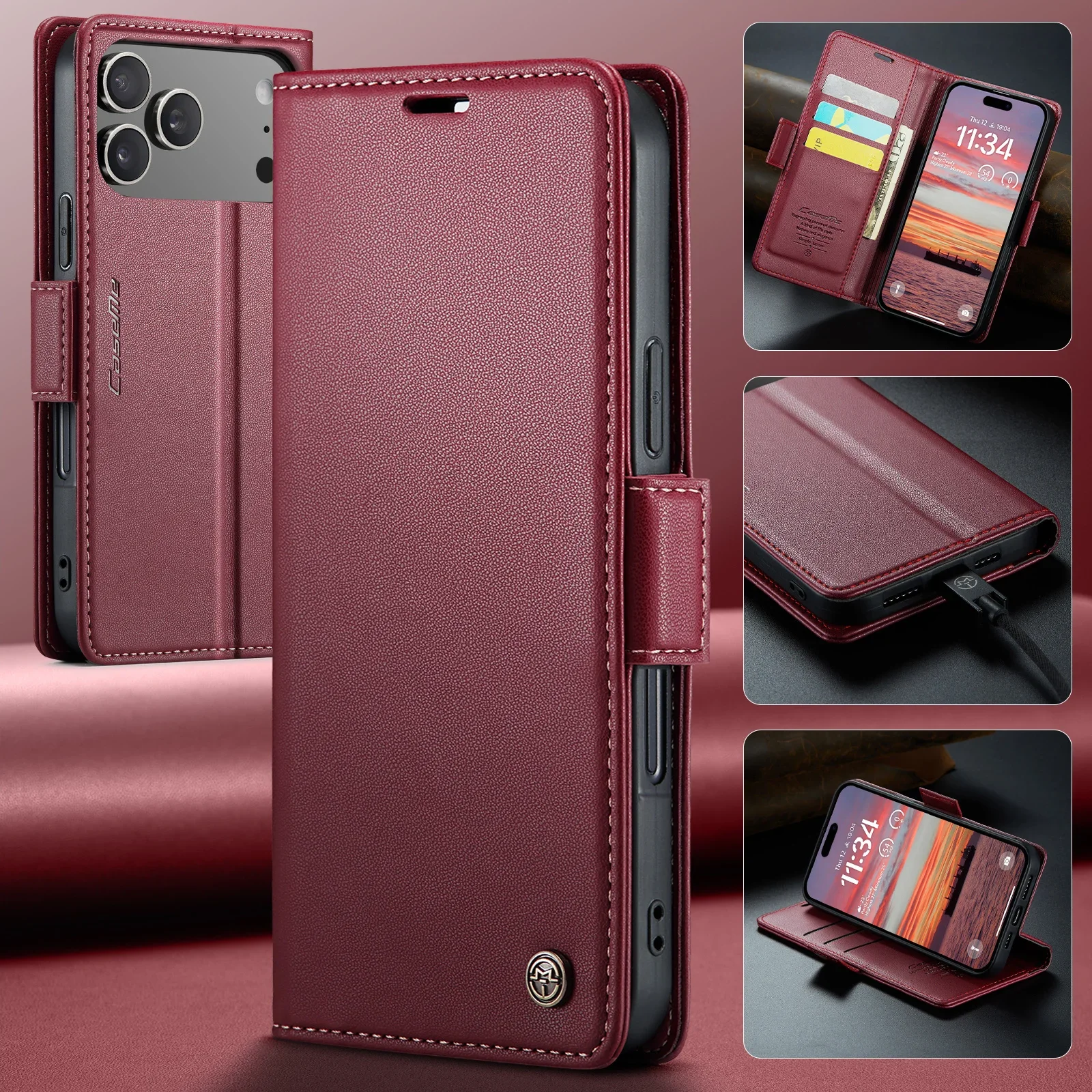 Étui en cuir à rabat avec porte-cartes de luxe pour iPhone 18 Pro Max 13 14 15 16 17 Pro Max, support intégré, coque antichoc