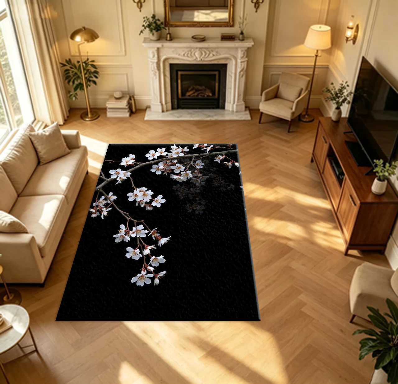 White Cherry Blossom Branch On Black Background carpet flooring Floral Art Floor Rug