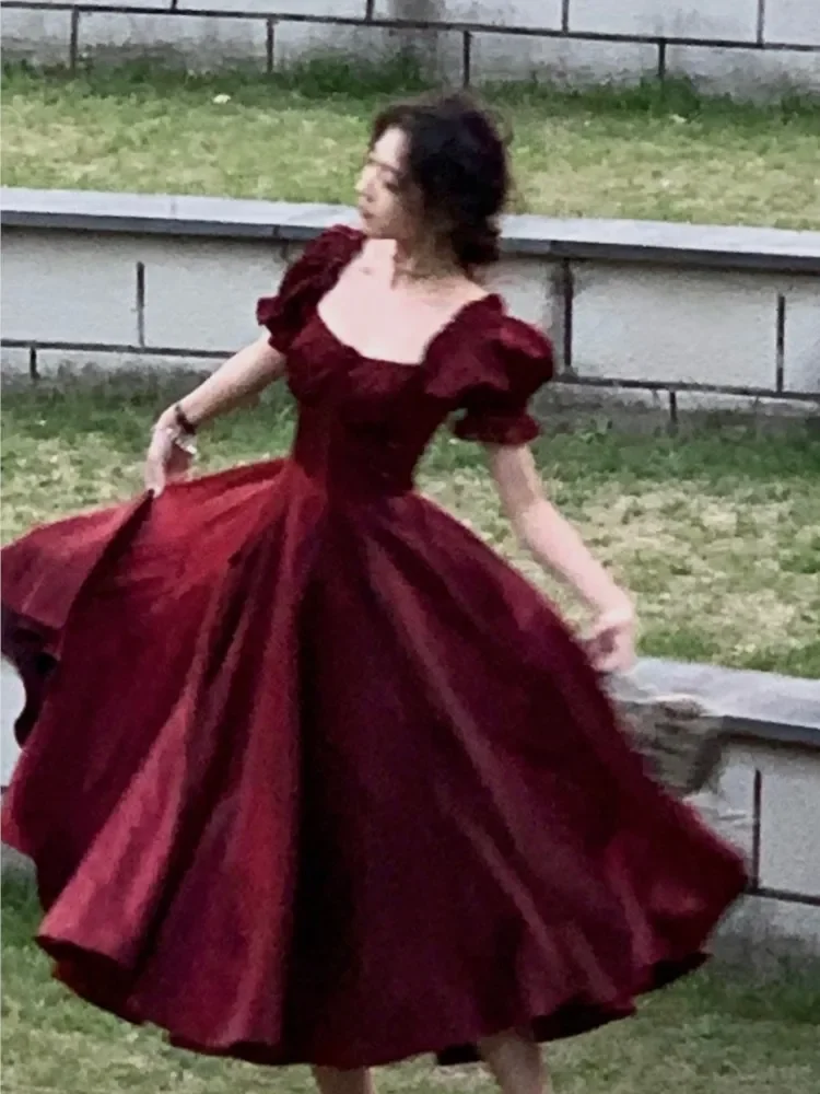 

Women Vintage Burgundy Romantic Prom Vestidos Summer Korean A-line Graduation Dresses Elegant French White Wedding Party Dress